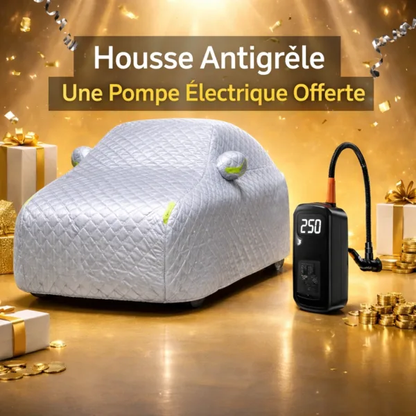 Housse de voiture antigel argentée avec pompe électrique, entourée de cadeaux dorés et pièces. Fête scintillante.